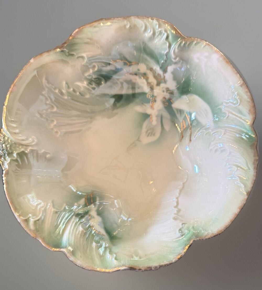 Antique Weimar Germany Serving Bowl Early 1900’s Green Floral Pattern Scalloped